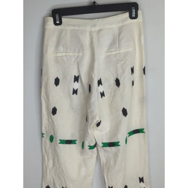 Zara White‎ & Green Geometric Embroidered Linen Pants Small Coastal Bohemian - Image 9