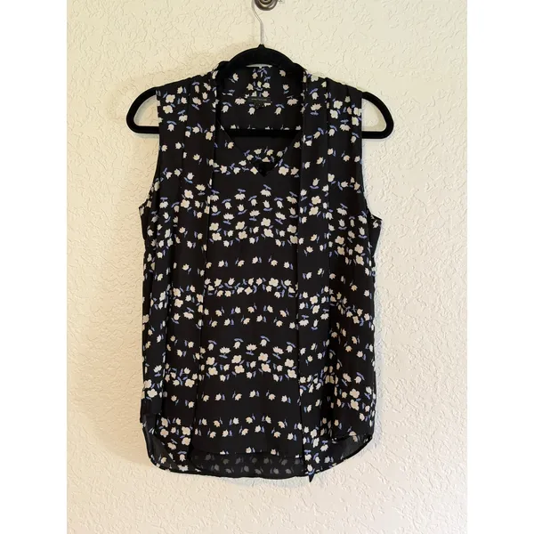 Ann Taylor Blouse Black S Women Floral Tie Neck LayeringSleeveless Office Casual - Image 7