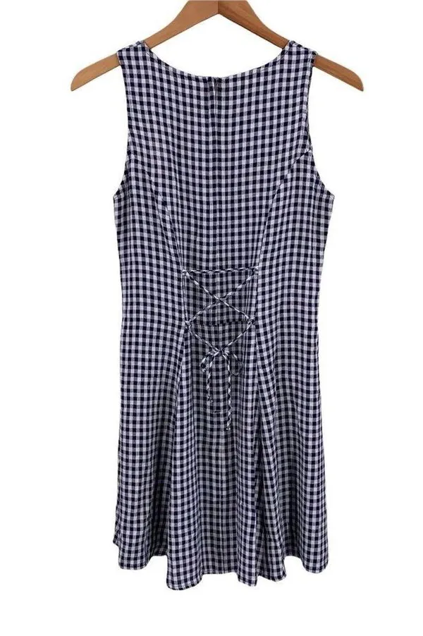 Vintage Y2K My Michelle Navy and White Gingham Rayon Lace-Up Back Dress Size 7/8 - Image 5