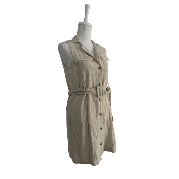 Sih & Sam Women Oatmeal Beige Linen Blend Belted Utility Button Front Dress M - Image 2
