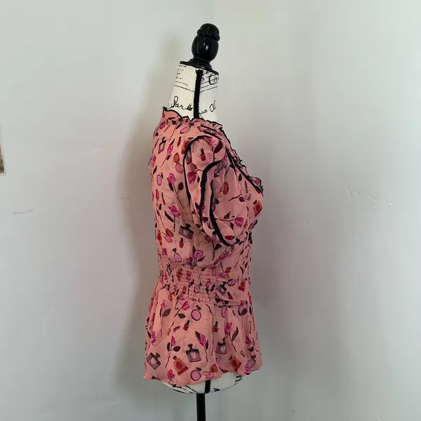 Maeve Anthropologie Anisa Perfume Floral Smocked Peplum Top Pink S Velvet Trim - Image 2