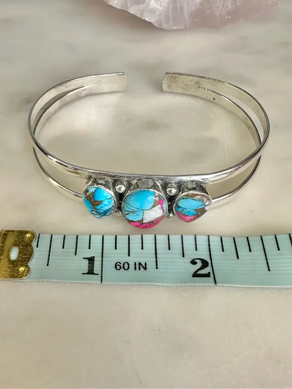 Cotton Candy Turquoise Sterling Silver Multi Stone 3 Stone Cuff Bracelet 925 - Image 6
