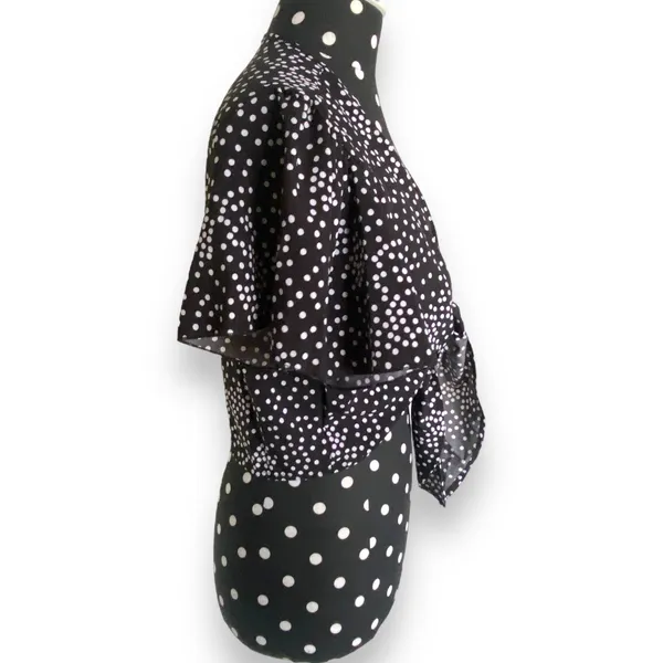Shein Womens Blouse Sz S Black and White‎ Polka Dot Tie Front Cropped Length - Image 2