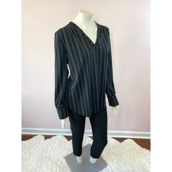 Ann Taylor Black Diagonal Striped V-Neckline Blouse - Image 5