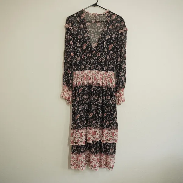 H&M‎ Black Floral Ruffle V-Neck Tiered Midi Dress Boho Cottagecore Fall - Image 8