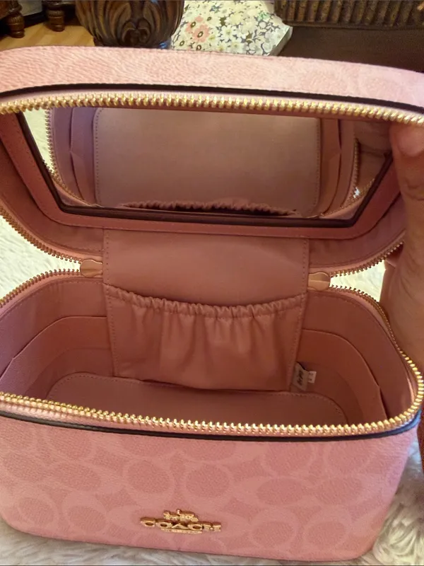 Coach Pink Signature Cosmetic Train Case with Scarf-Wrapped Handle - Image 3