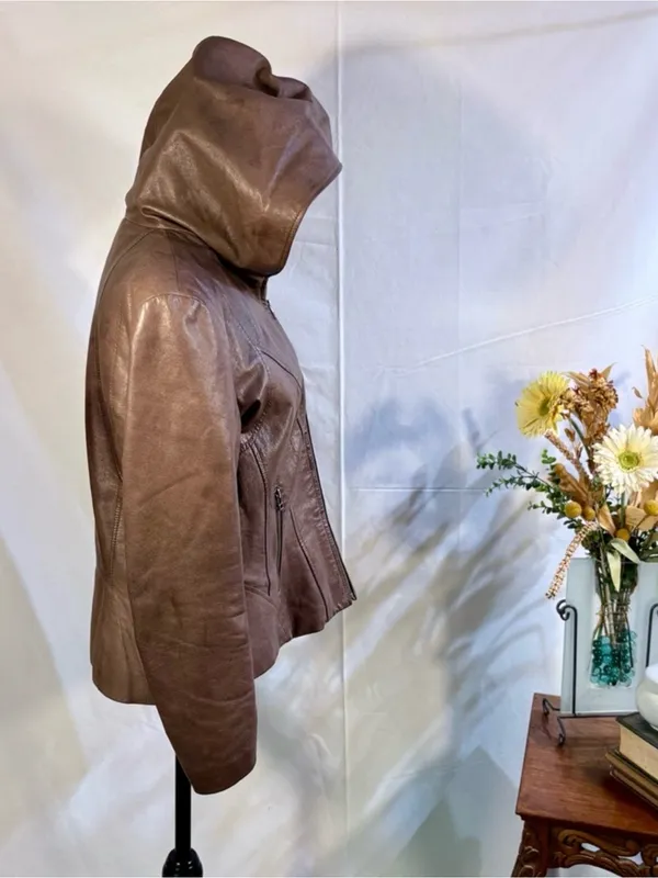 💥Danier Genuine Leather Hooded Moto Zip Up Jacket Brown Quilted Lining Sz L❤️ - Image 5