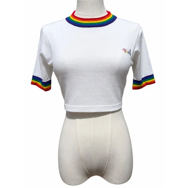UNIF Rainbow Trim Cropped Tee Women’s Small White Embroidered Logo Y2K Festival - Image 3