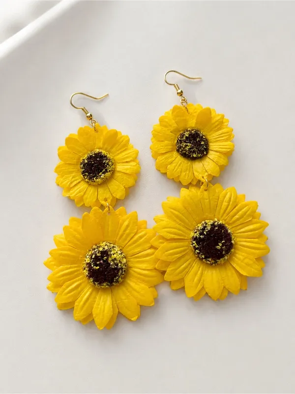 Handmade Sunflower Dangle Earrings Statement Floral Earrings Boho Jewelry - Image 2