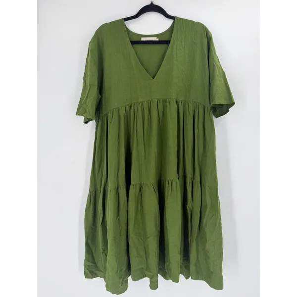 Thinking Mu‎ Fresia Dress Women's L Green Hemp Tencel Tiered Midi Lagenlook Boho - Image 2