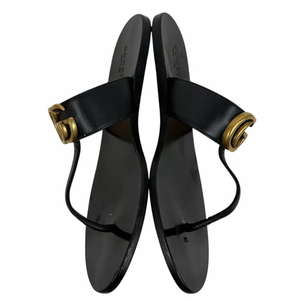 Gucci Black Leather Thong Sandal Gold Double G Logo Size 36.5 - Image 7