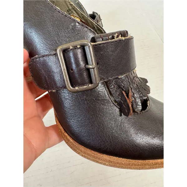 London Underground Brown Leather Mary Jane Heels Womens 8 Fringe Stacked Wood - Image 9