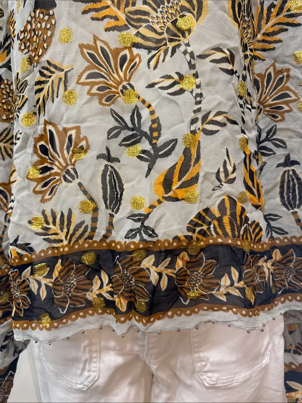 Farm Rio Silver Metallic Floral Beehive Tapestry Long Sleeve Blouse Size Medium - Image 5