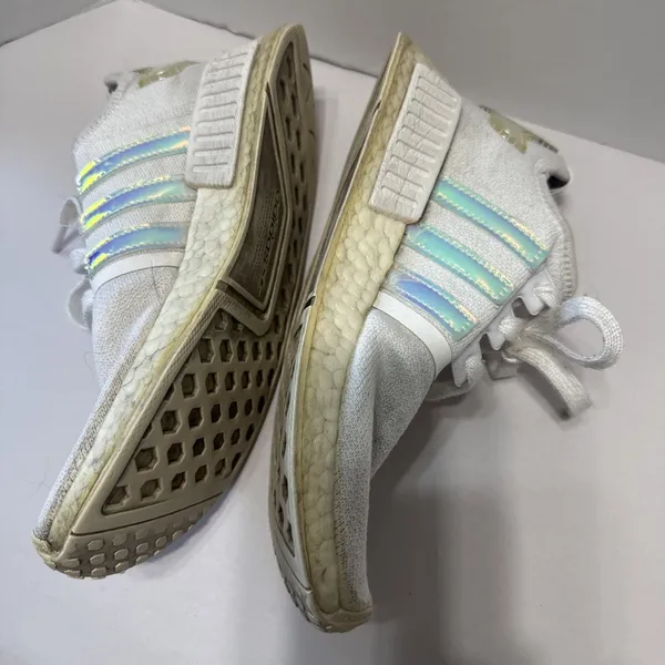 adidas‎ NMD_R1 White Iridescent Sneakers Tennis Shoes Women’s 6.5 Silver Stripes - Image 5
