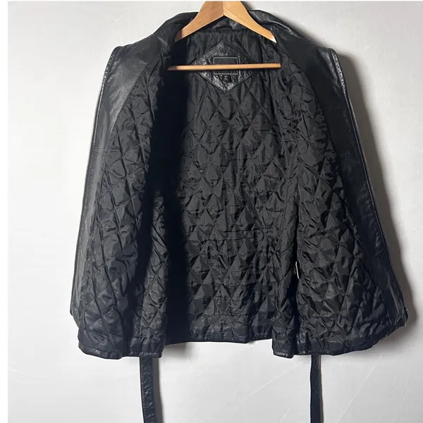 Vintage Outbrook Black Leather Jacket Womens Large Belted Zip Coat 90s - Image 6