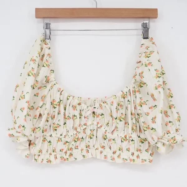 For Love & Lemons Floral Pointelle Puff Sleeve Crop Top Cream L - Image 2