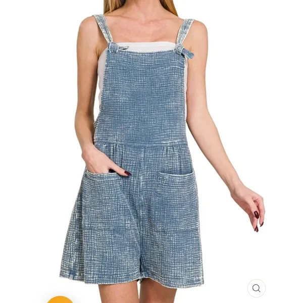 Boho Dusty Blue Gauze Shortalls Romper Acid Wash Cotton Cottagecore Small Zenana - Image 8