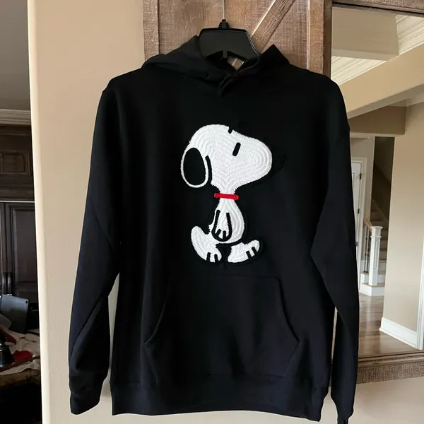 Snoopy Sweatshirt Black Cotton Hoodie Pullover Crochet Patch Womens Medium - Image 4