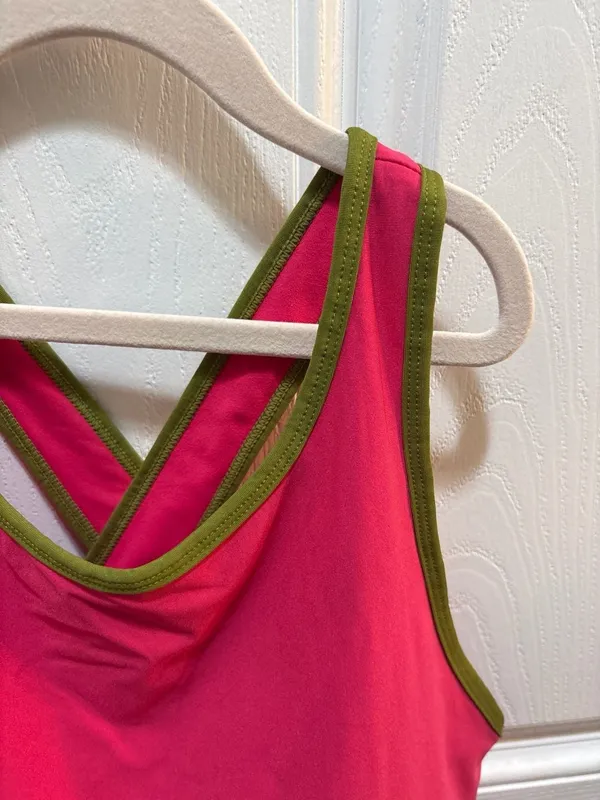 Fabletics High Neck Criss-Cross Sports Bra Pink with Green Trim - Image 2