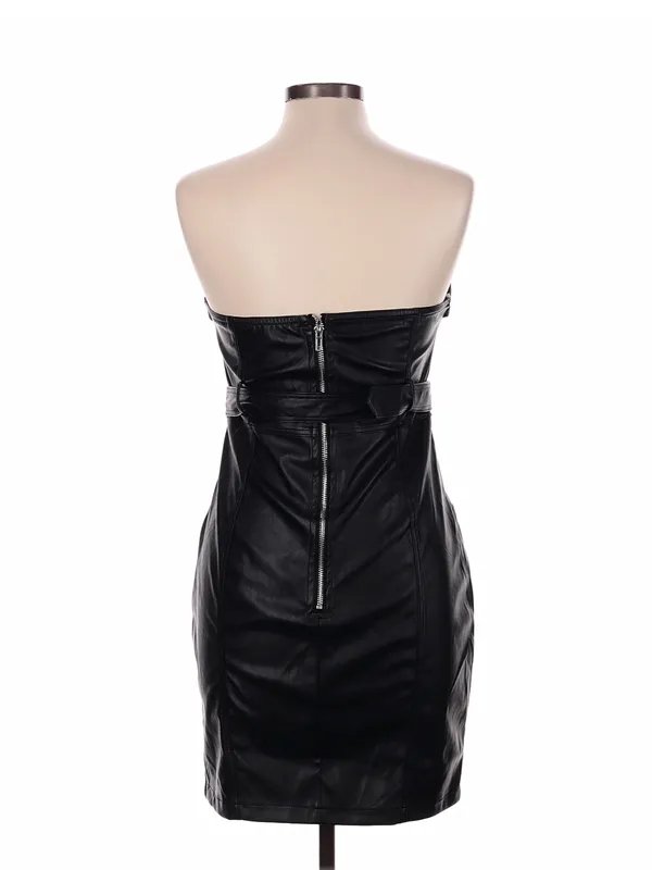 Strapless Black Faux Leather Belted Mini Dress - Image 2