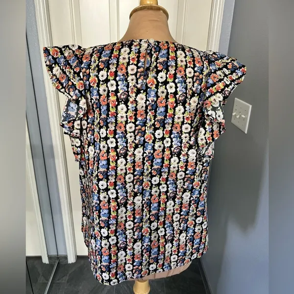 J Crew Mercantile‎ Women's Floral Ruffle Sleeve Top Size 12 Black Multi - Image 6