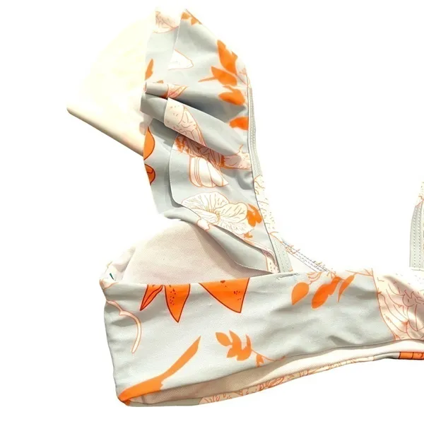 Womens Size Medium Bikini Top Light Blue White Orange Floral Birds Ruffle Straps - Image 6