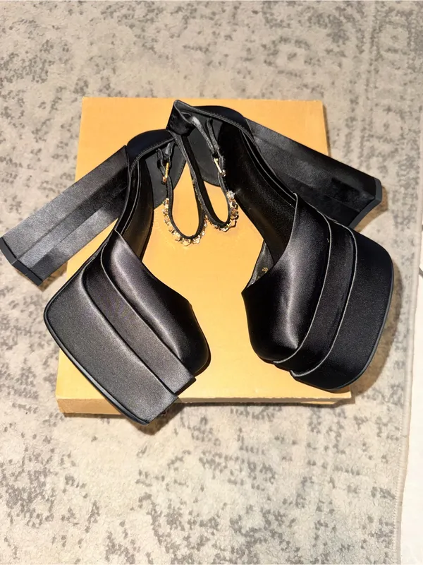 New Black Satin Platform Heels with Jeweled Ankle Strap size 36 (6) - Image 2