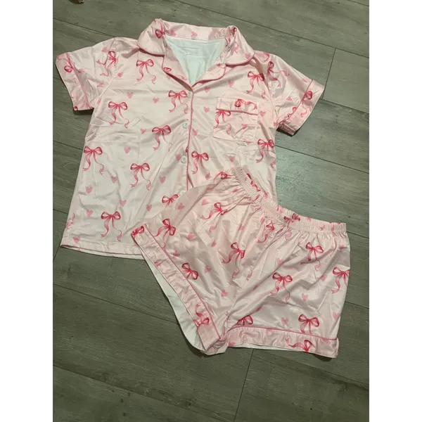 NIB Pink Bow and Heart Print Satin Pajama Set Short Sleeve Button Down Shorts S - Image 7