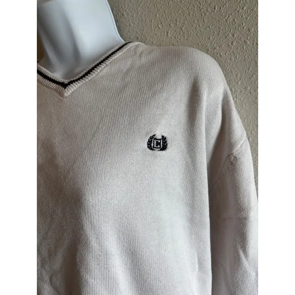 Chaps V-Neck Sweater Small Cream Preppy‎ Collegiate Cotton Knit Logo - Image 4