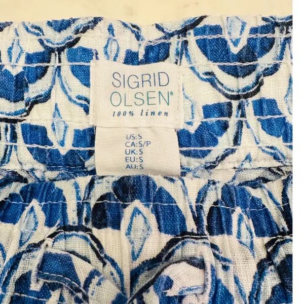 Sigrid Olsen Women Scallop Print 100% Linen Drawstring Barrel Pants Sz S Coastal - Image 3