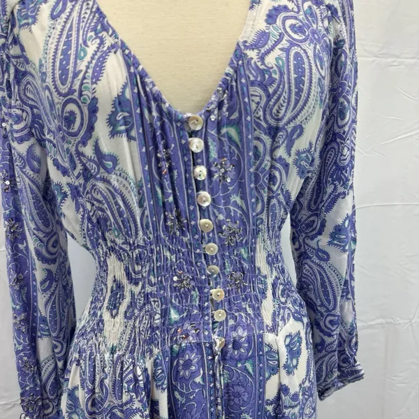 Z&L Boho Paisley Maxi Dress Small Smocked Waist Button Front Purple Green Resort - Image 4