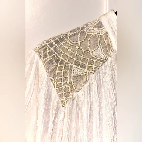 FREE PEOPLE Boho Marigold Buttondown Cream Netallic Lace Flowy Blouse Top L - Image 5