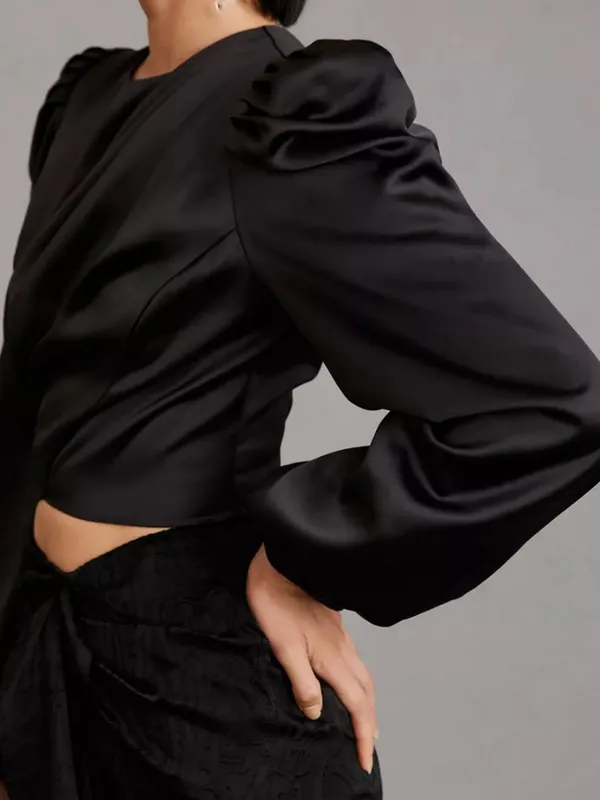 Anthropologie Mare Mare Satin Puff-Sleeve Top Black Draped Puff-Sleeve Blouse - Image 15