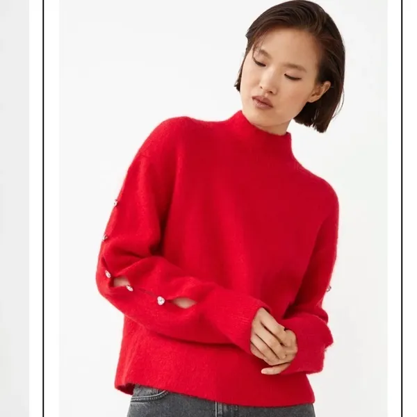 NWT & Other Stories Red Mohair Wool Rhinestone Cropped Sweater XS - Image 4