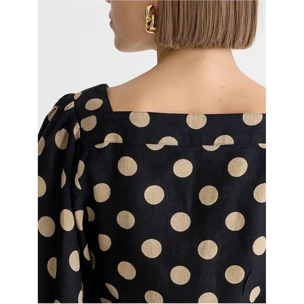 NWT!! J. CREW Linen Polka Dot Square Neck Blouse Black Tan Top Preppy Medium - Image 6