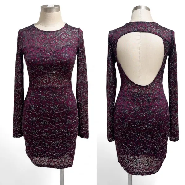 Express Plum Lace Long-Sleeve Open-Back Mini Dress - Image 3