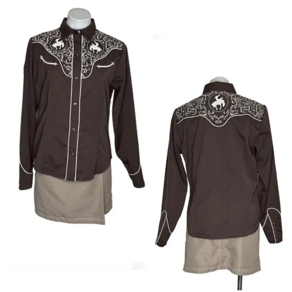 ROPER Brown Bucking Bronc Embroidered Western Snap Shirt Vintage Size Large - Image 10