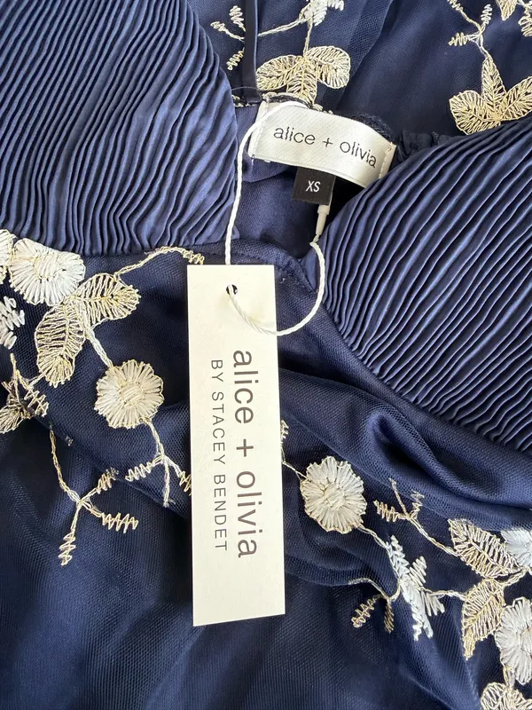Alice + Olivia Navy Embroidered Maxi Dress XS Floral Mesh Wedding Evening Gown - Image 4