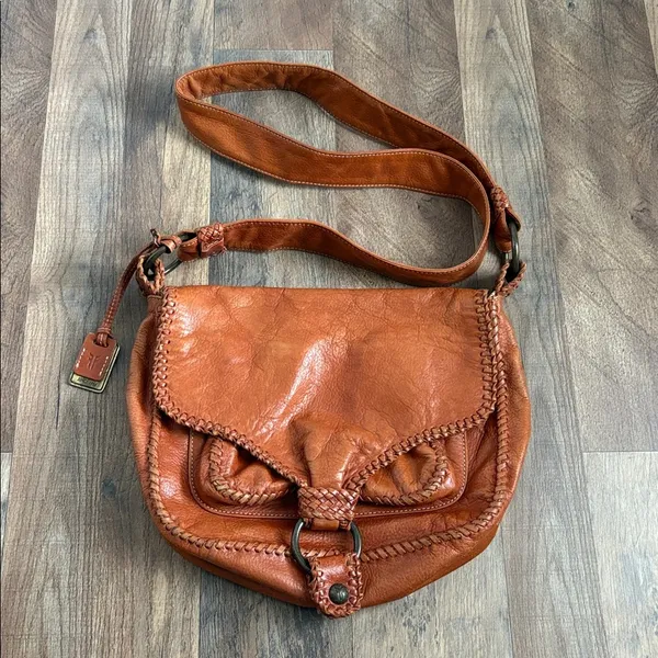 FRYE Cognac Leather Crossbody Saddle‎ Bag Braided Boho Chic Western Inspired - Image 16