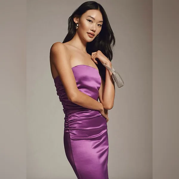 BHLDN Selena Strapless Stretch Satin Slip Ruched Midi‎ Dress Purple Size Medium - Image 2