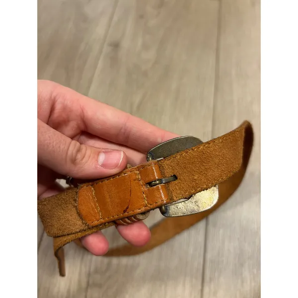 Vintage Tan Genuine Leather Belt Brass Distressed Buckle Made in Italy 40/42 - Image 5