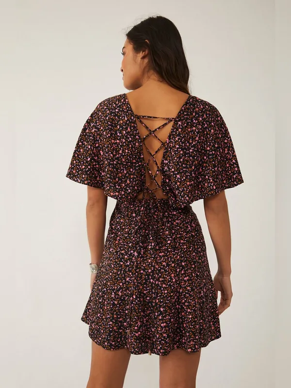 Free People Florence Black Pink FloralPrint Short Sleeve Mini Dress - Image 3