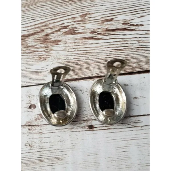 Vintage Clip On Earrings Black Center Oval Fancy Two Tone Halo - Image 4