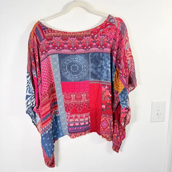 Desigual Patchwork Boho Blouse Pink Blue Paisley Dolman‎ Sleeve Womens Large - Image 8