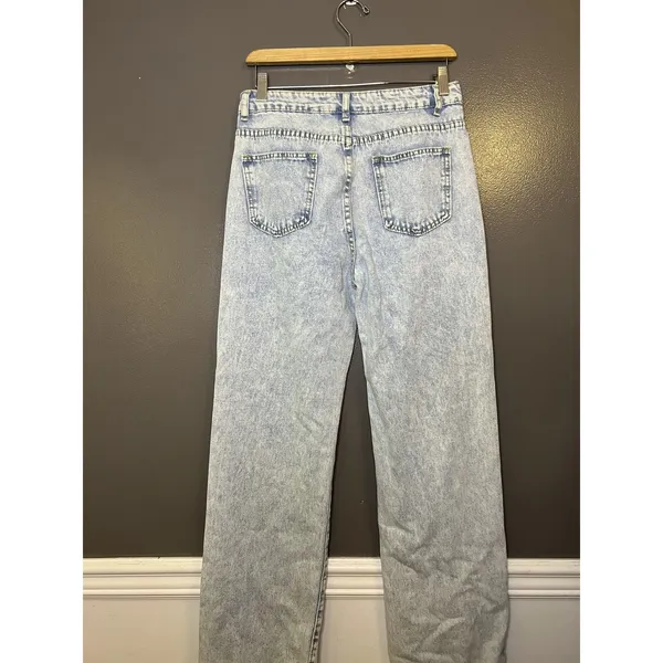 Jeans Womens M Blue Acid Wash High Rise Pearl Beaded Straight Denim Pants - Image 5