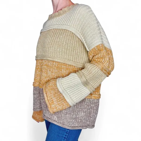 Entro Beige Brown Tan Striped Patchwork Flared Sleeve Sweater - Image 7