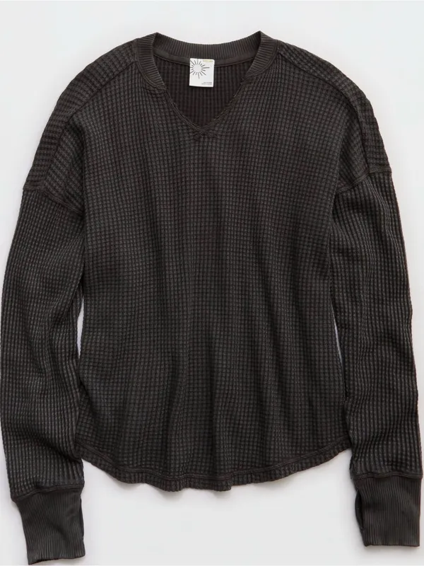 OFFLINE By Aerie Wow! Waffle Notch Neck Long Sleeve T-Shirt Smoked Gray XS - Image 3
