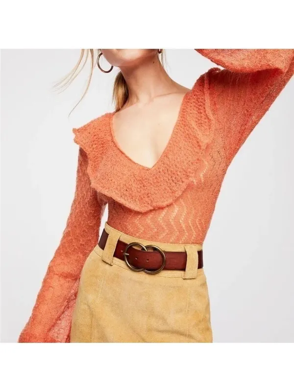 Free People Macaroon Ruffled Neck Mohair Wool Sweater Burnt Orange Ruffle size L - Image 4
