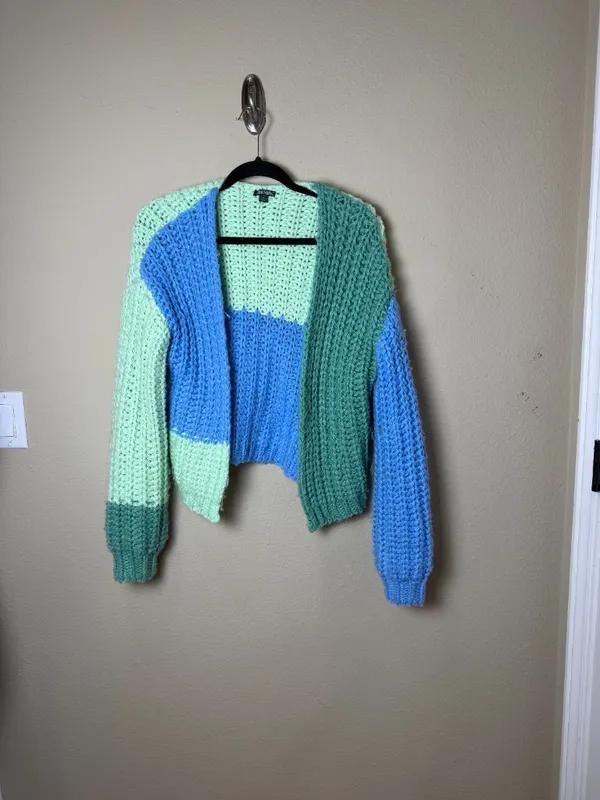 WILD FABLE Colorblock Open Chunky Knit Cardigan Size Small Blue Green - Image 2