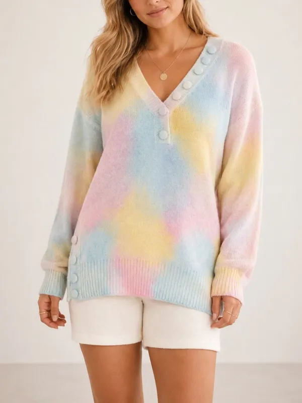 LoveShackFancy Naveen Alpaca Blend Pastel Tie Dye V-Neck Oversized Cozy Sweater - Image 10